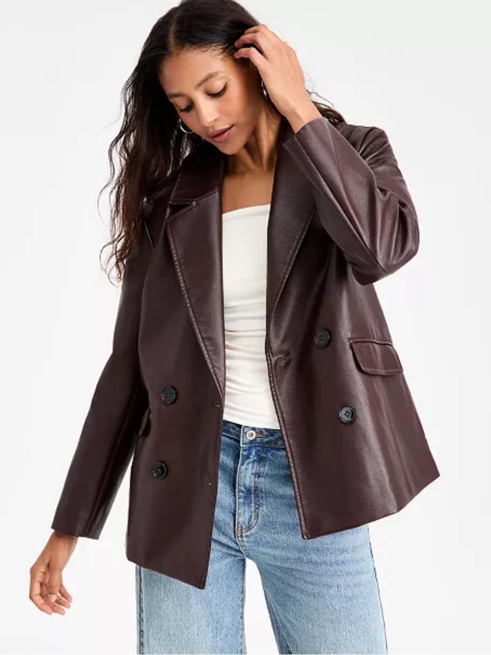 Bar III Double-Breasted Faux Leather Blazer